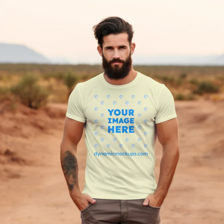 Man Wearing Cream T-shirt Mockup Front View Template