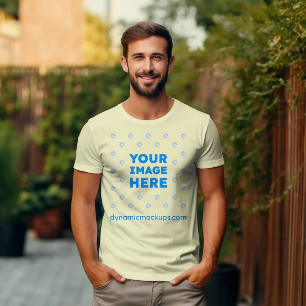 Man Wearing Cream T-shirt Mockup Front View Template