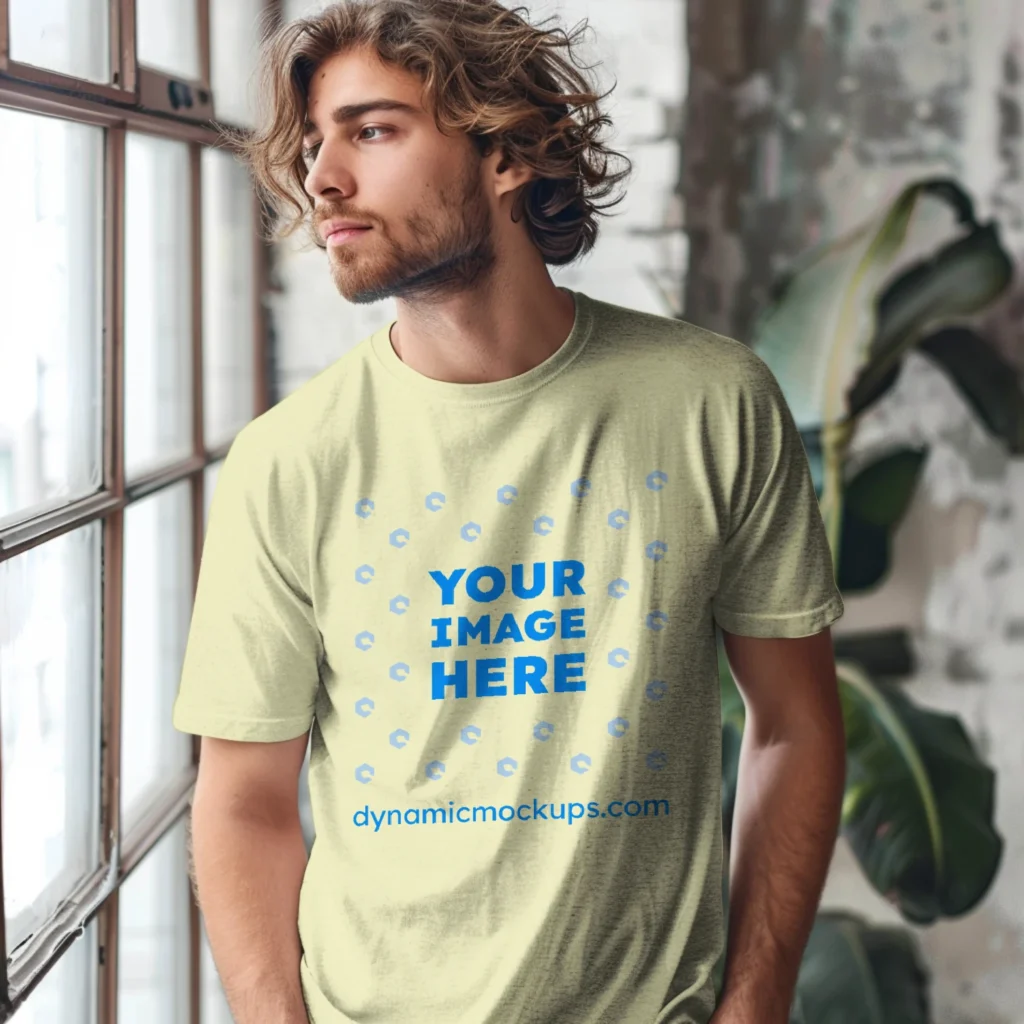 Man Wearing Cream T-shirt Mockup Front View Template