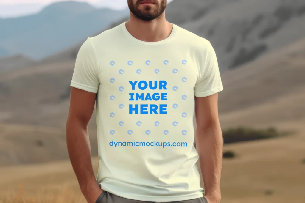 Man Wearing Cream T-shirt Mockup Front View Template