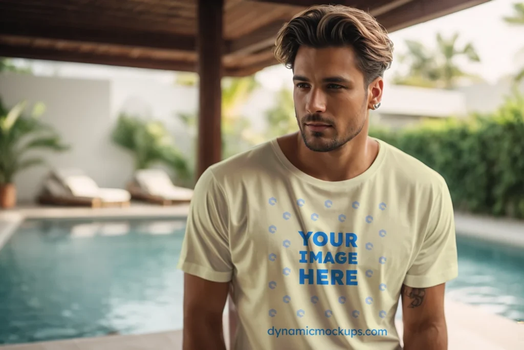 Man Wearing Cream T-shirt Mockup Front View Template