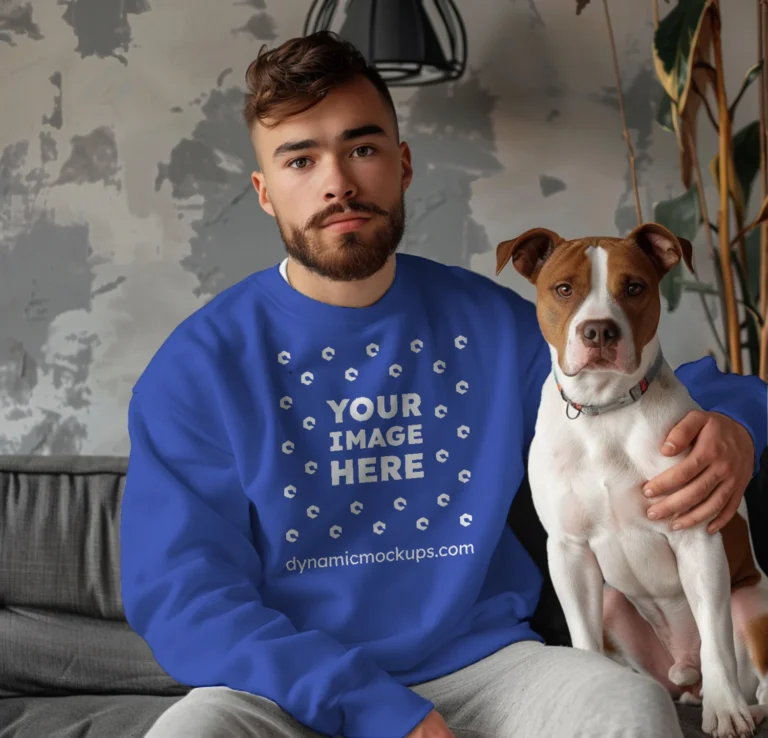 Man Wearing Dark Blue Sweatshirt Mockup Front View Template