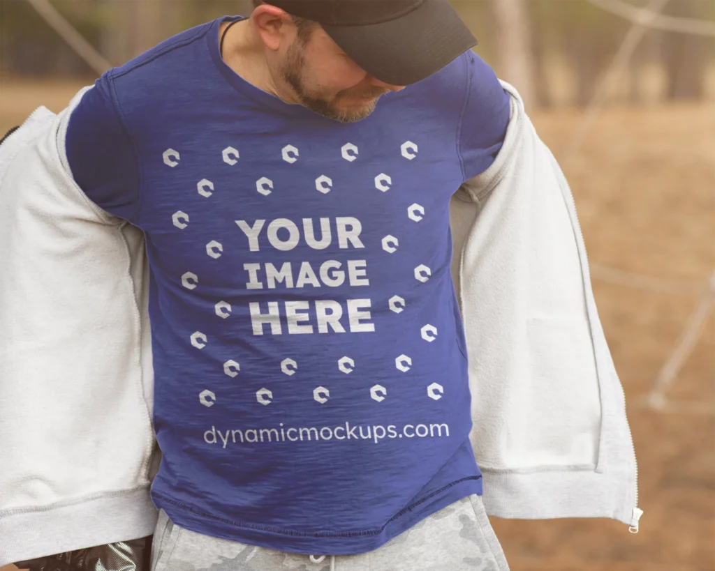 Man Wearing Dark Blue Sweatshirt Mockup Front View Template