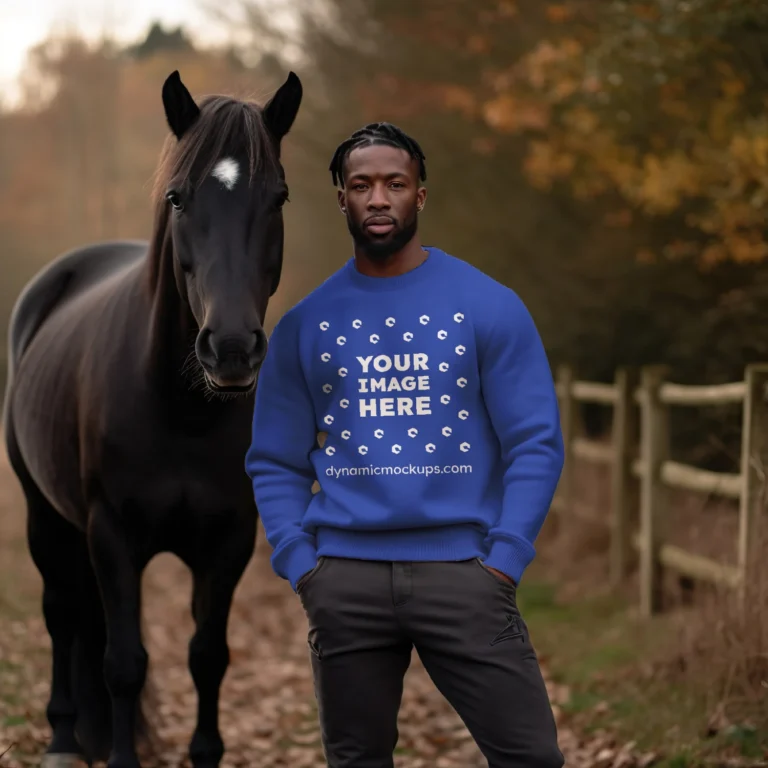 Man Wearing Dark Blue Sweatshirt Mockup Front View Template