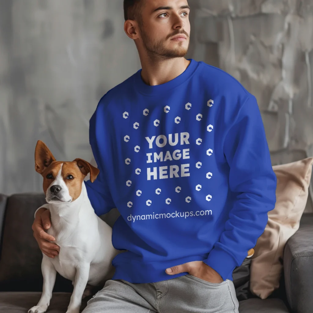 Man Wearing Dark Blue Sweatshirt Mockup Front View Template