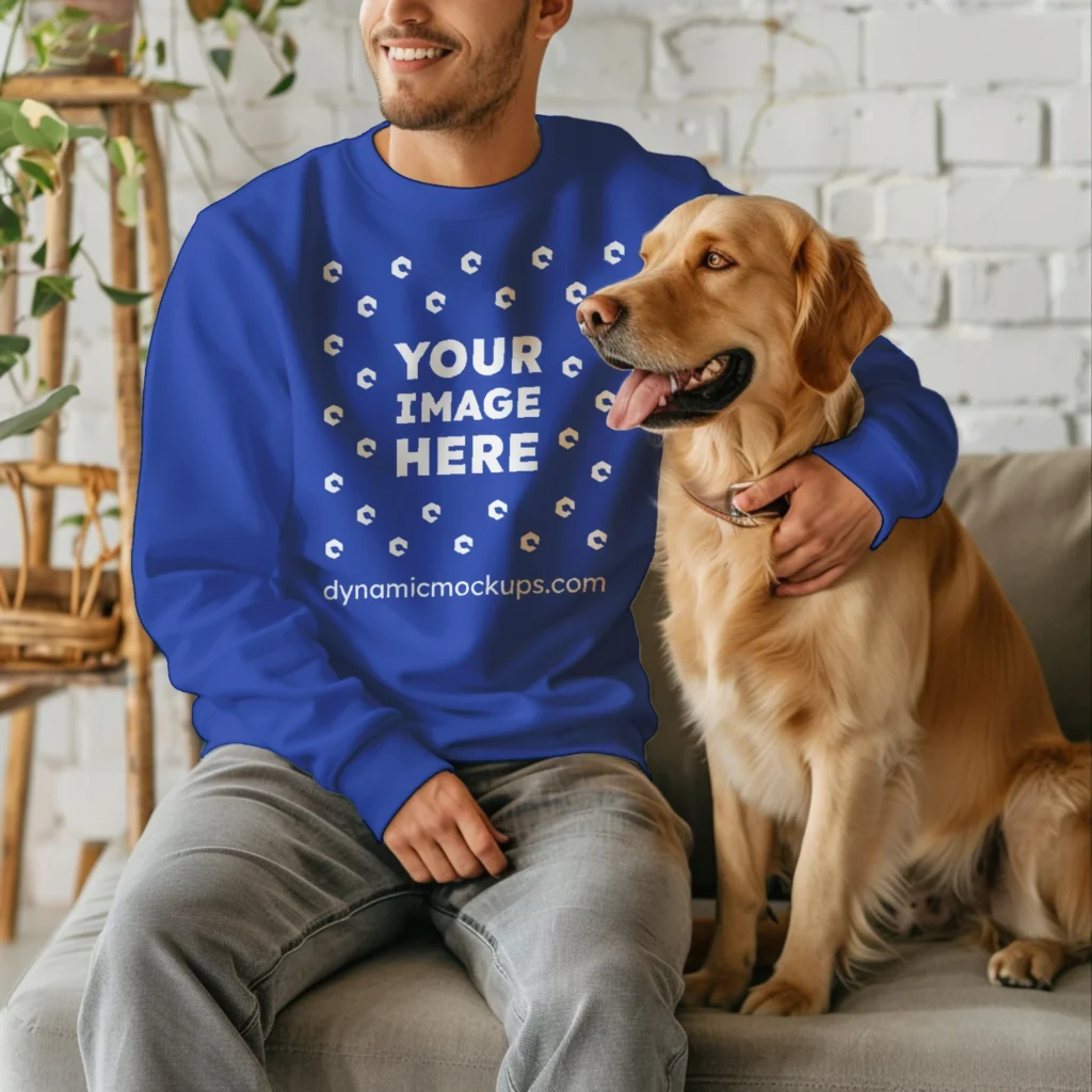 Man Wearing Dark Blue Sweatshirt Mockup Front View Template