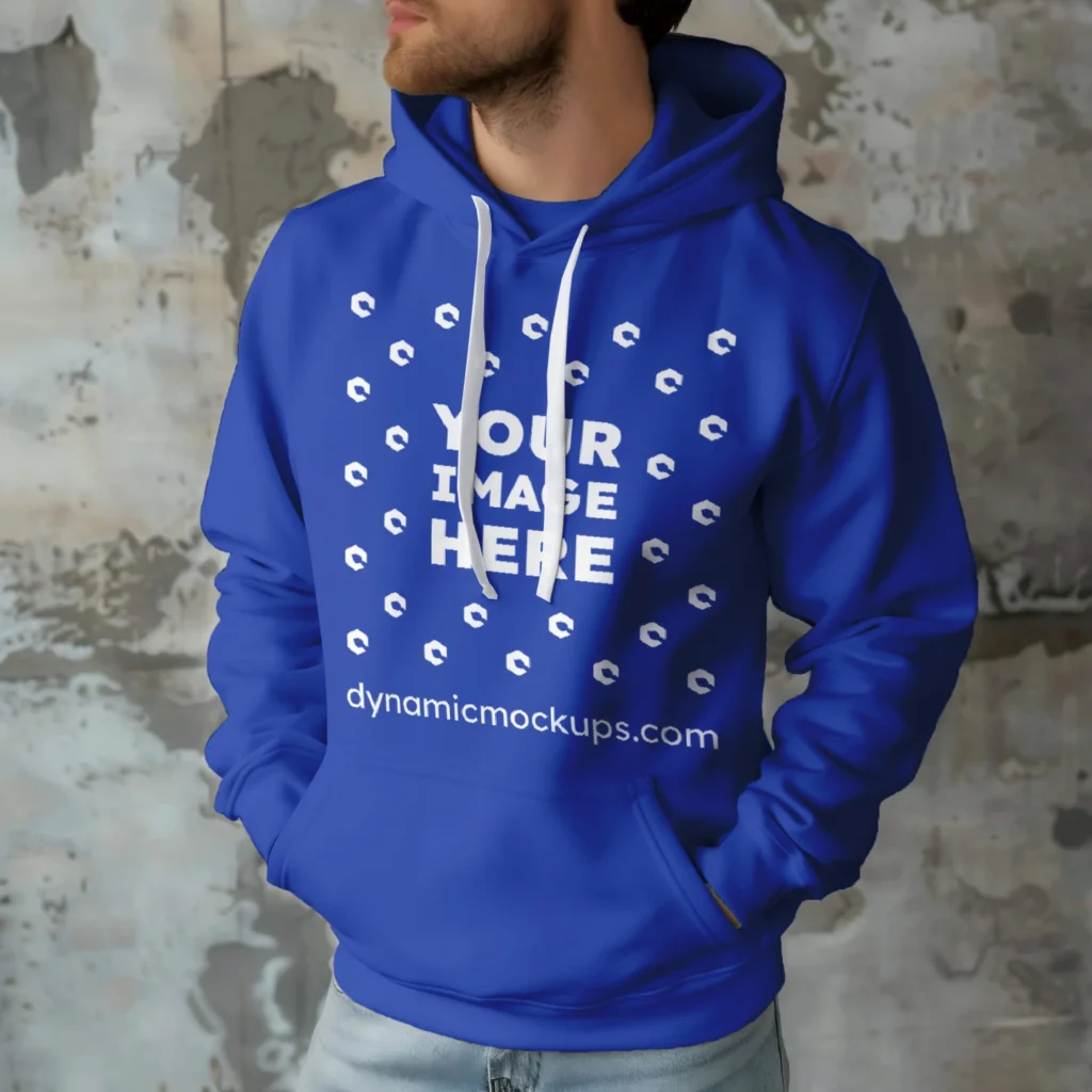 Man Wearing Dark Blue Hoodie Mockup Front View Template