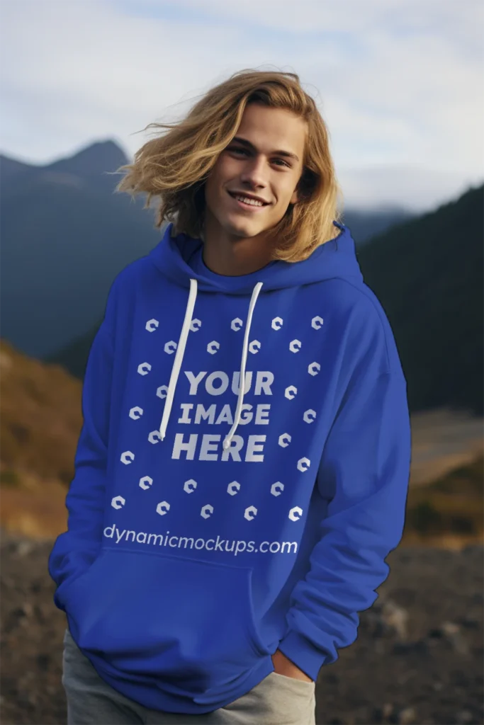 Man Wearing Dark Blue Hoodie Mockup Front View Template