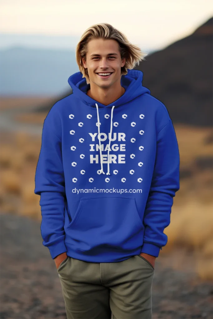 Man Wearing Dark Blue Hoodie Mockup Front View Template