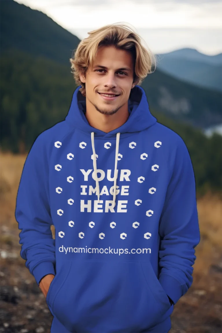 Man Wearing Dark Blue Hoodie Mockup Front View Template