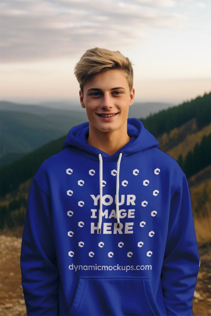 Man Wearing Dark Blue Hoodie Mockup Front View Template