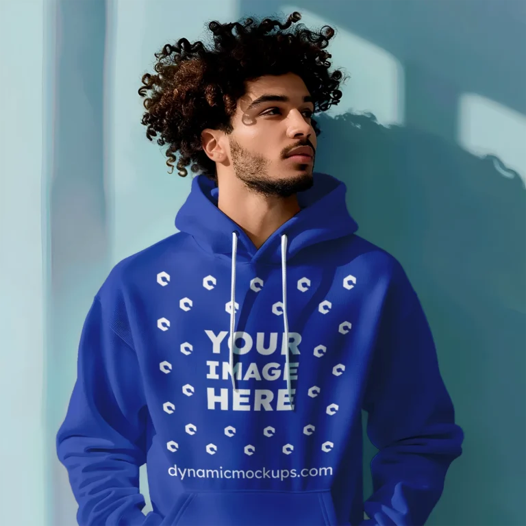 Man Wearing Dark Blue Hoodie Mockup Front View Template