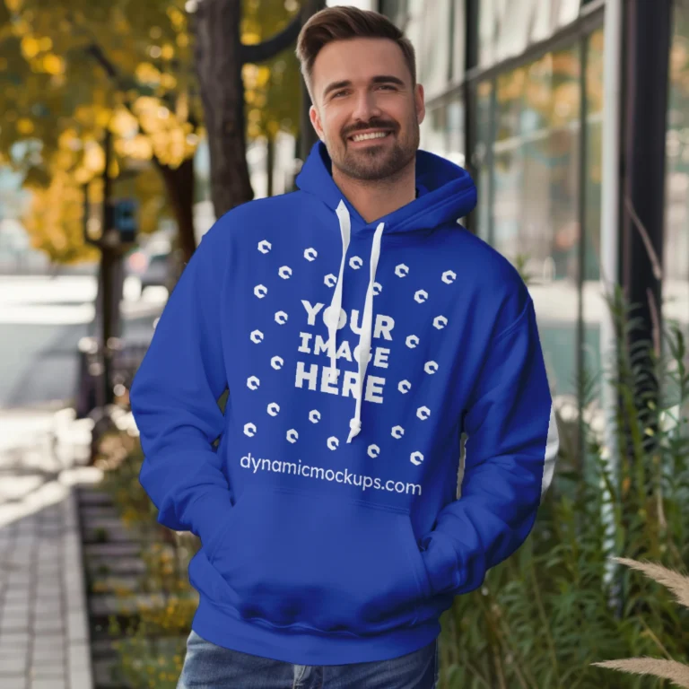 Man Wearing Dark Blue Hoodie Mockup Front View Template