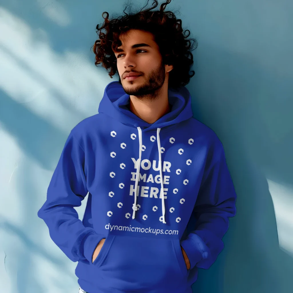 Man Wearing Dark Blue Hoodie Mockup Front View Template