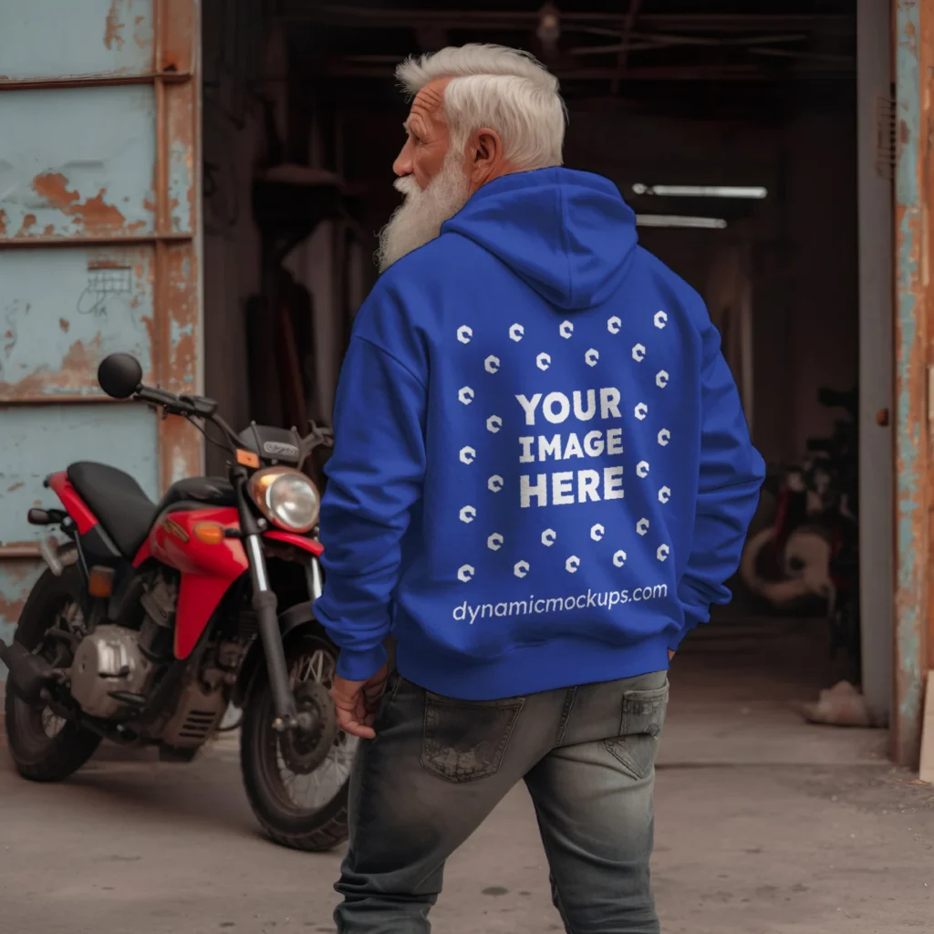 Man Wearing Dark Blue Hoodie Mockup Back View Template