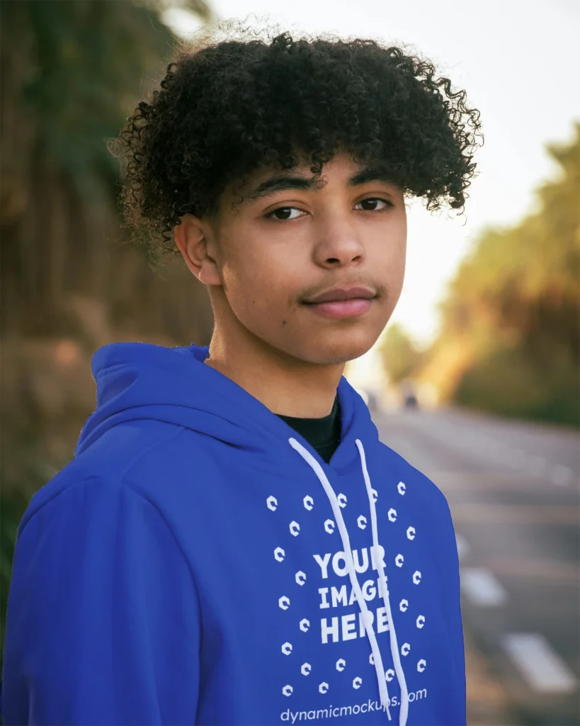 Man Wearing Dark Blue Hoodie Mockup Front View Template