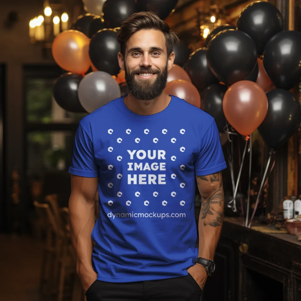 Man Wearing Dark Blue T-shirt Mockup Front View Template