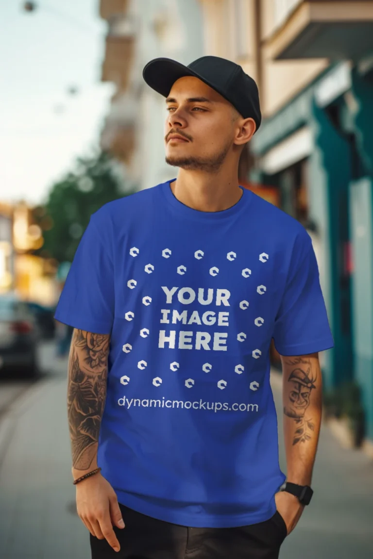 Man Wearing Dark Blue T-shirt Mockup Front View Template