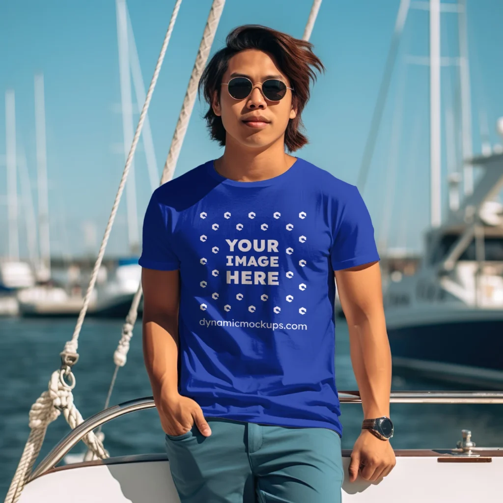 Man Wearing Dark Blue T-shirt Mockup Front View Template