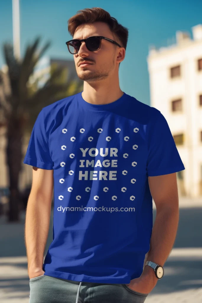 Man Wearing Dark Blue T-shirt Mockup Front View Template