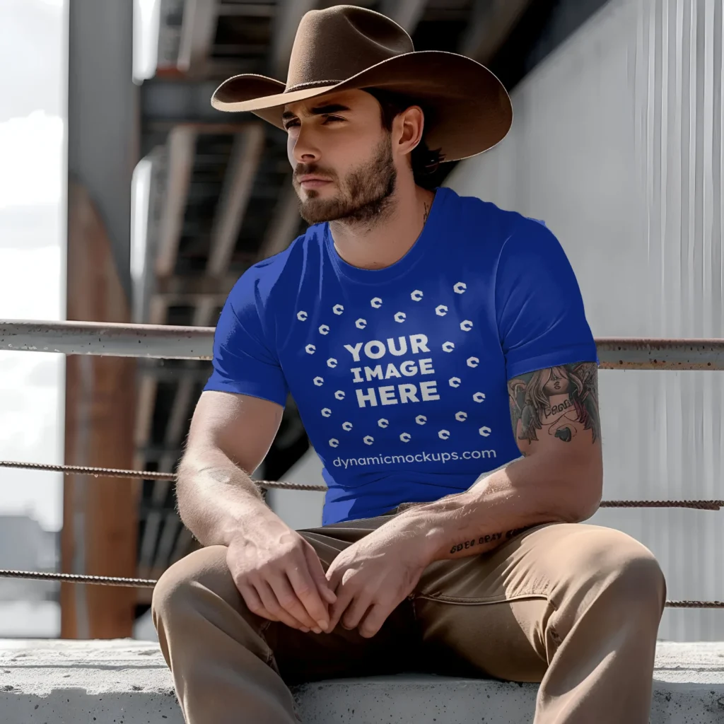 Man Wearing Dark Blue T-shirt Mockup Front View Template