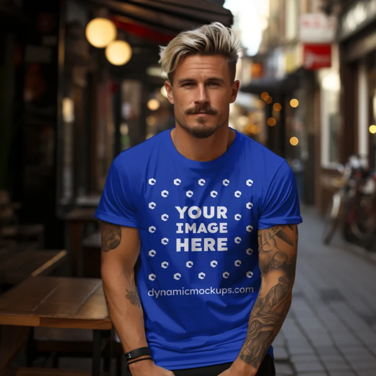 Man Wearing Dark Blue T-shirt Mockup Front View Template