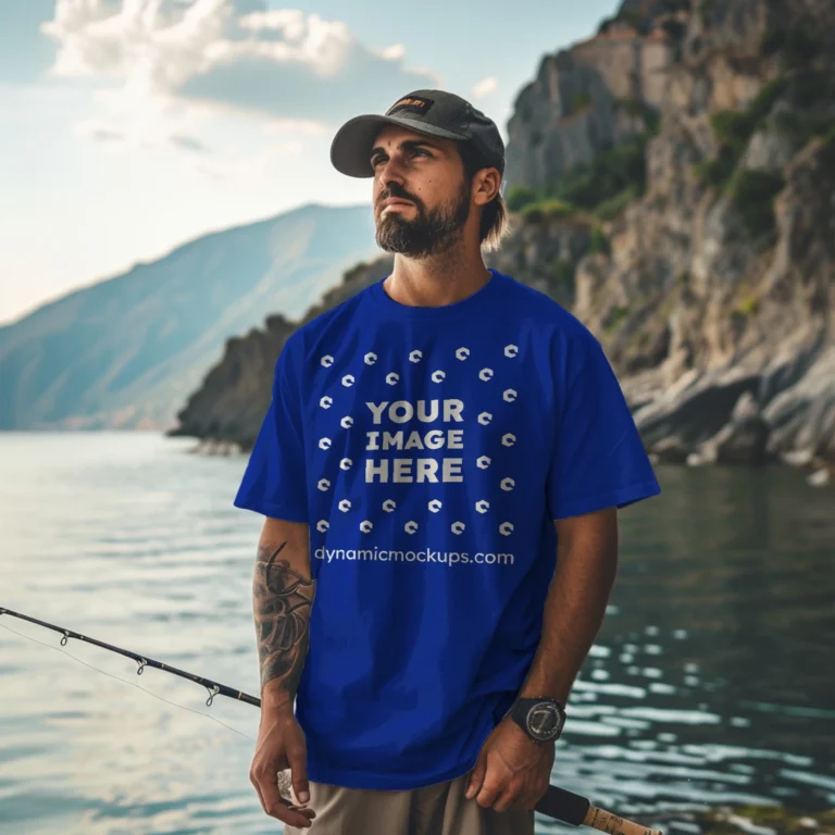 Man Wearing Dark Blue T-shirt Mockup Front View Template