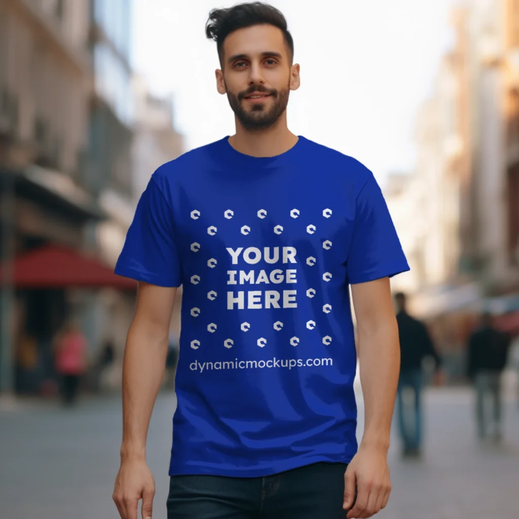 Man Wearing Dark Blue T-shirt Mockup Front View Template