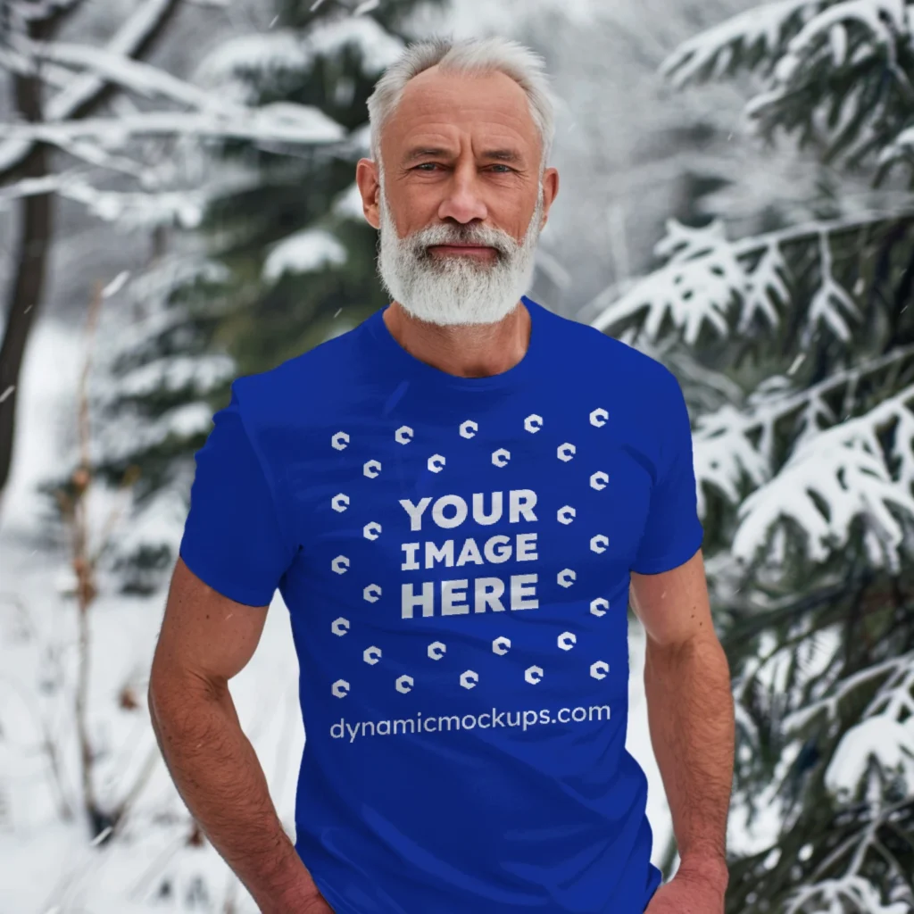 Man Wearing Dark Blue T-shirt Mockup Front View Template