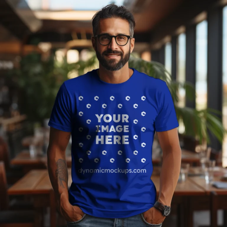 Man Wearing Dark Blue T-shirt Mockup Front View Template