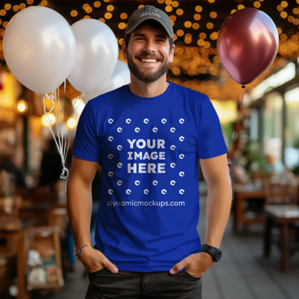 Man Wearing Dark Blue T-shirt Mockup Front View Template