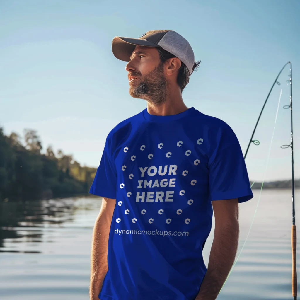 Man Wearing Dark Blue T-shirt Mockup Front View Template