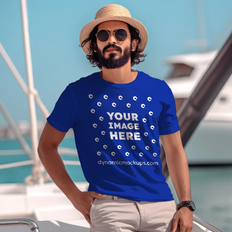 Man Wearing Dark Blue T-shirt Mockup Front View Template