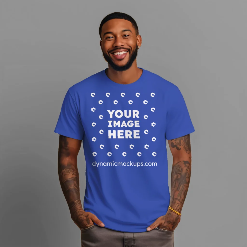 Man Wearing Dark Blue T-shirt Mockup Front View Template