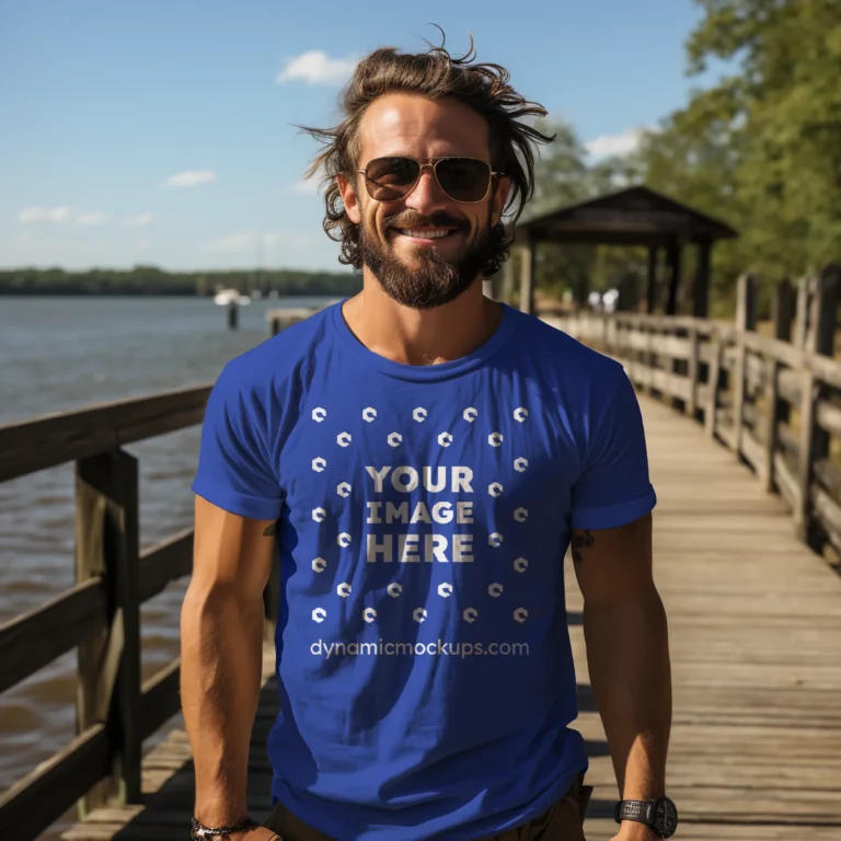 Man Wearing Dark Blue T-shirt Mockup Front View Template