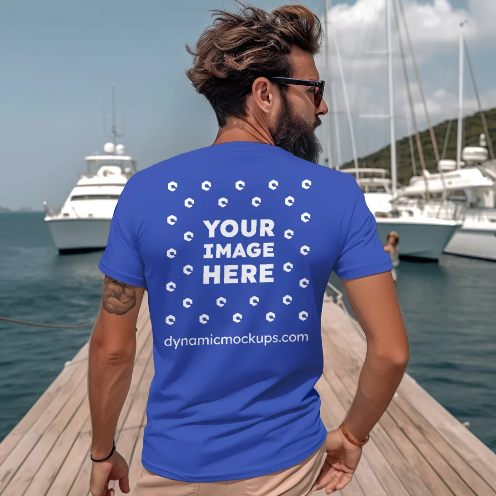 Man Wearing Dark Blue T-shirt Mockup Back View Template