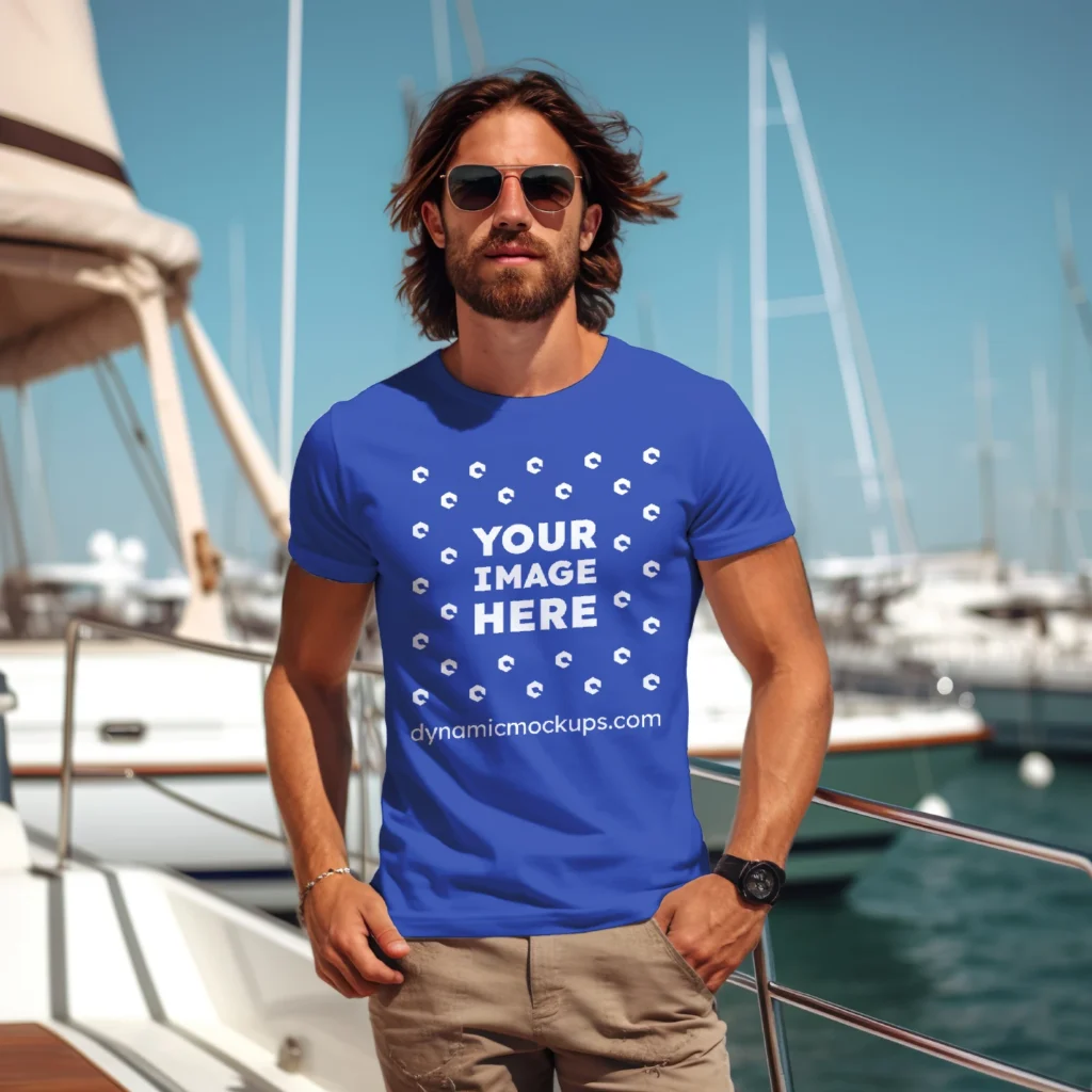 Man Wearing Dark Blue T-shirt Mockup Front View Template