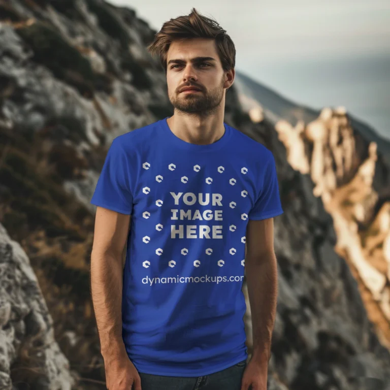 Man Wearing Dark Blue T-shirt Mockup Front View Template