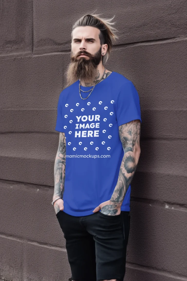 Man Wearing Dark Blue T-shirt Mockup Front View Template