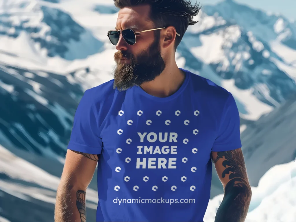 Man Wearing Dark Blue T-shirt Mockup Front View Template