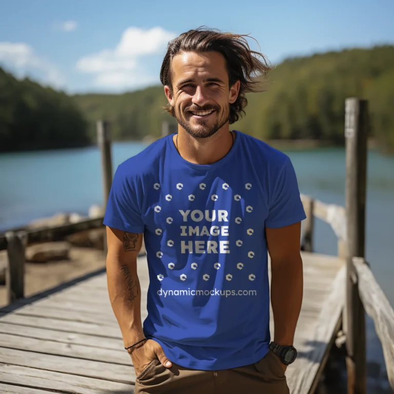 Man Wearing Dark Blue T-shirt Mockup Front View Template