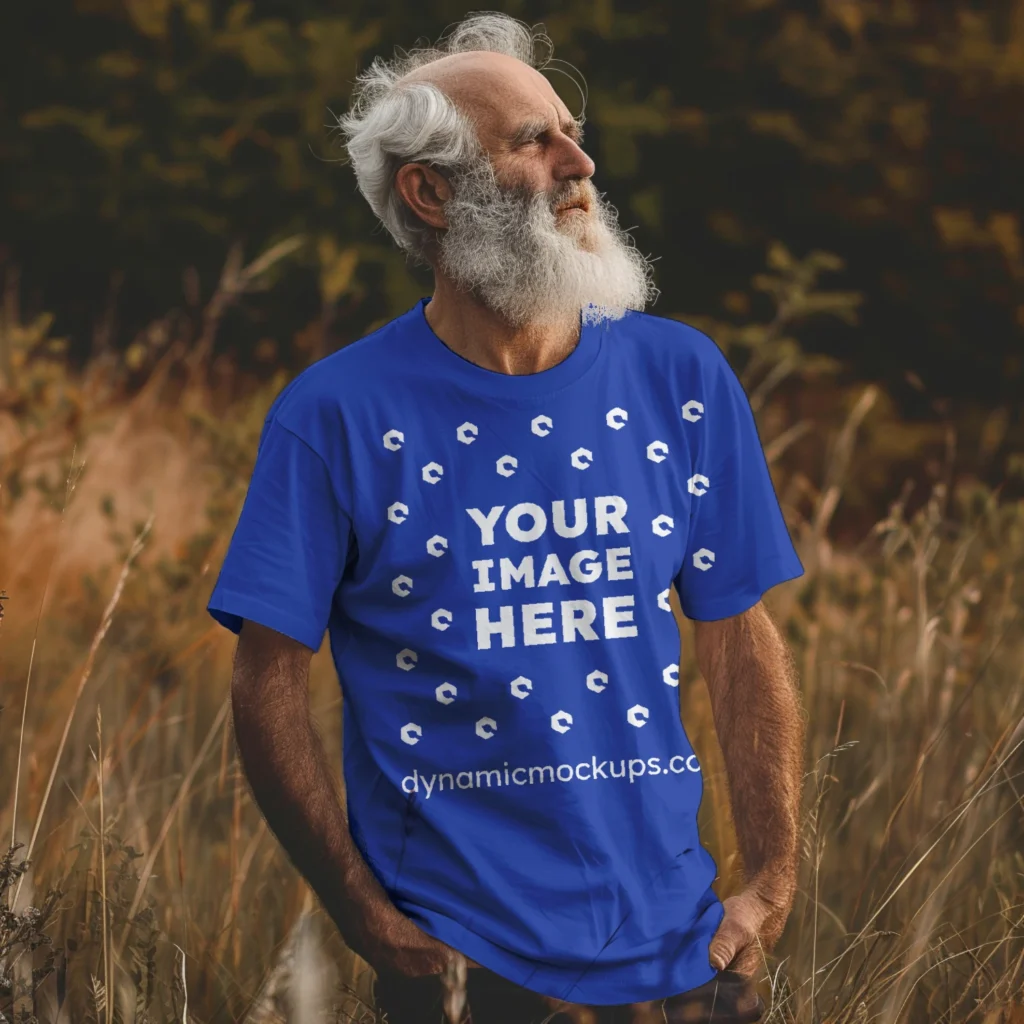 Man Wearing Dark Blue T-shirt Mockup Front View Template