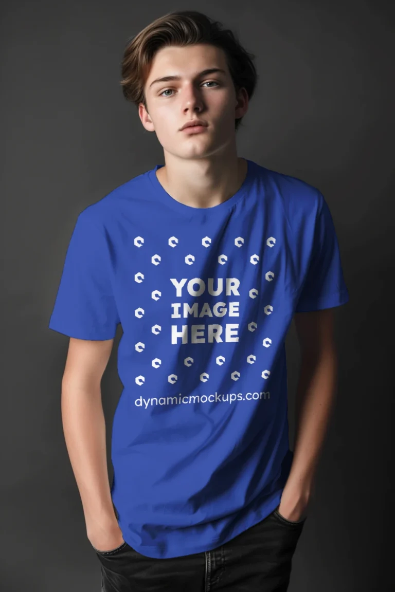 Man Wearing Dark Blue T-shirt Mockup Front View Template