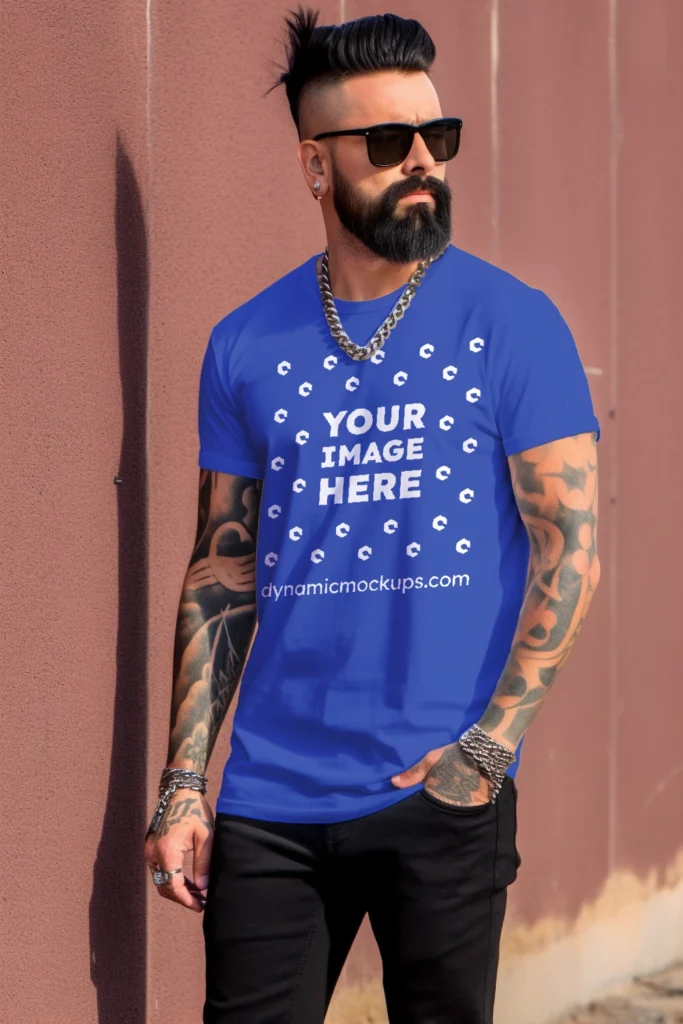 Man Wearing Dark Blue T-shirt Mockup Front View Template