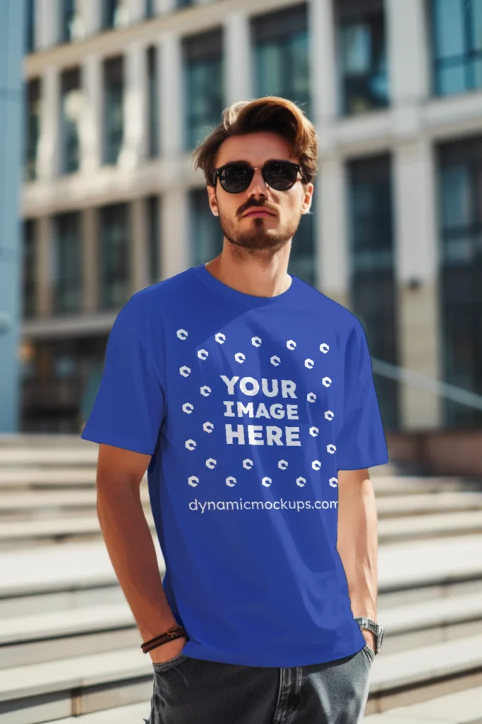 Man Wearing Dark Blue T-shirt Mockup Front View Template