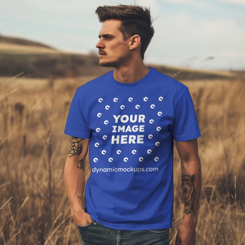 Man Wearing Dark Blue T-shirt Mockup Front View Template