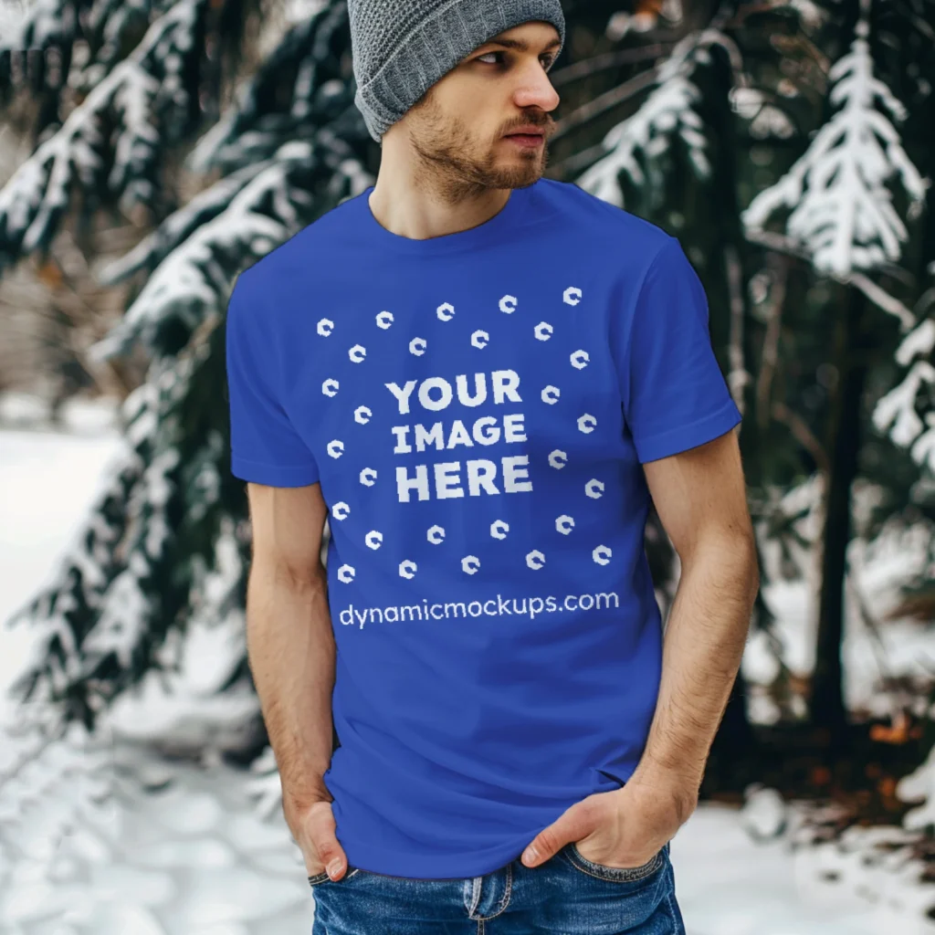 Man Wearing Dark Blue T-shirt Mockup Front View Template