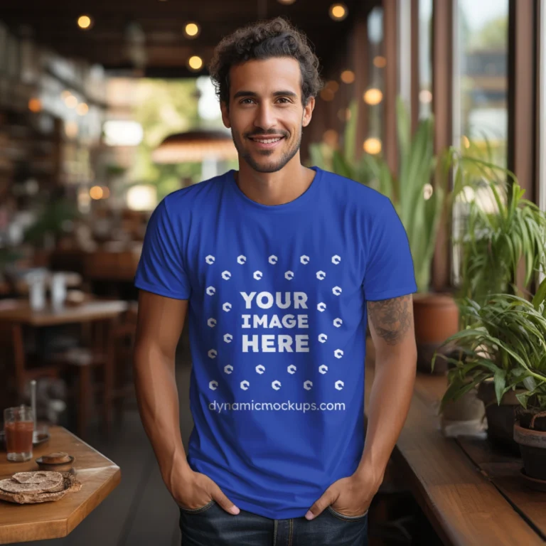 Man Wearing Dark Blue T-shirt Mockup Front View Template