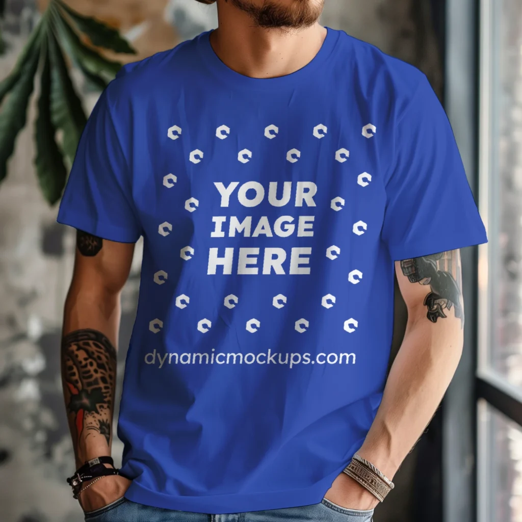 Man Wearing Dark Blue T-shirt Mockup Front View Template