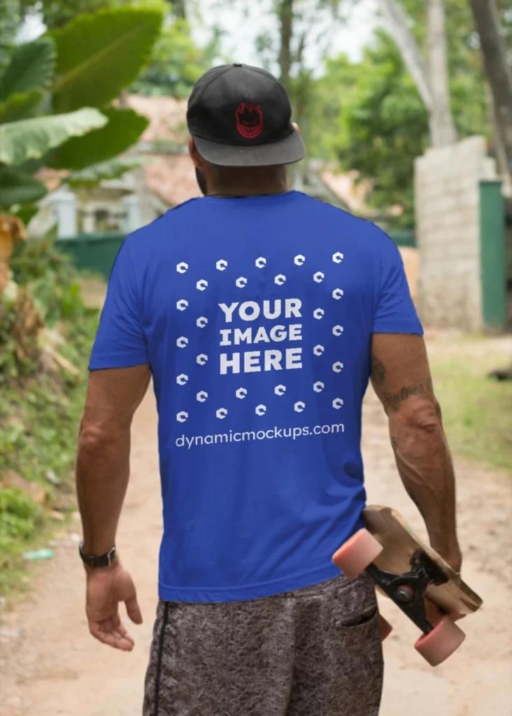 Man Wearing Dark Blue T-shirt Mockup Back View Template